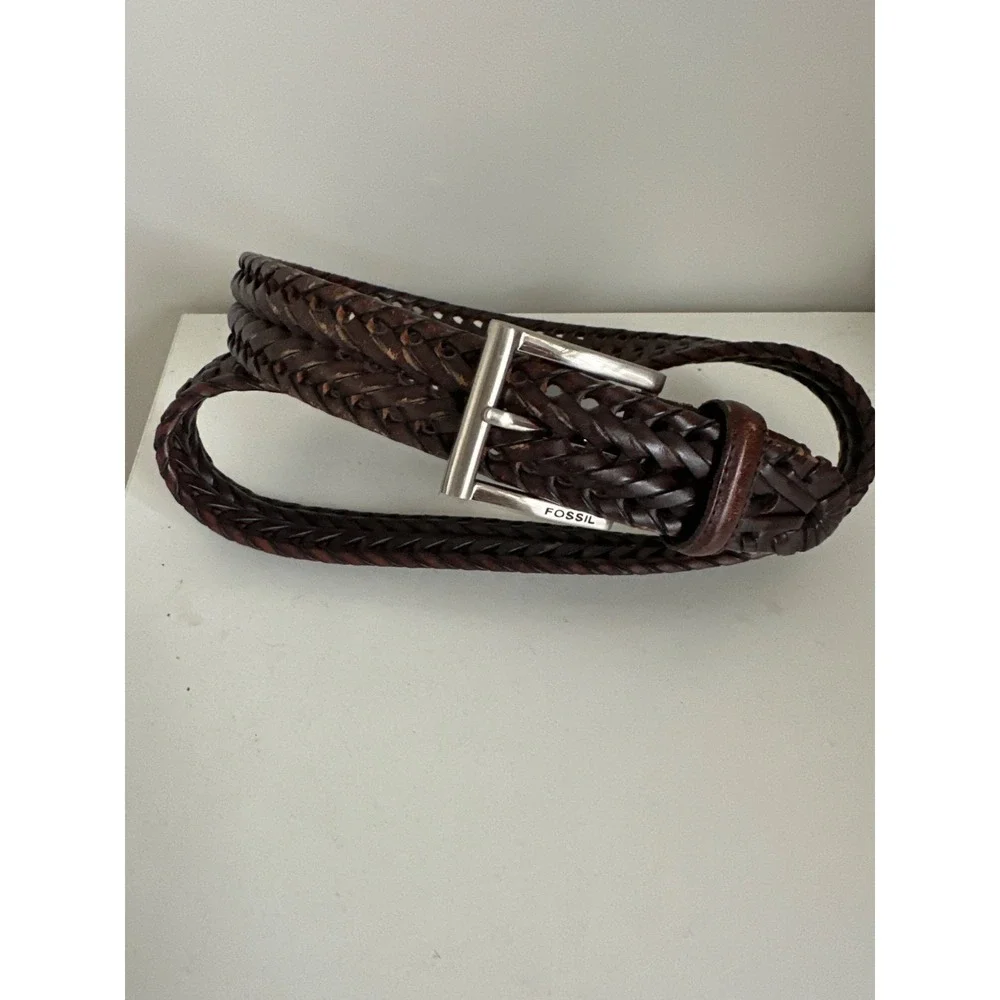 Fossil Belt Mens 38 Braided Leather Brown Adjustable Woven‎ Classic